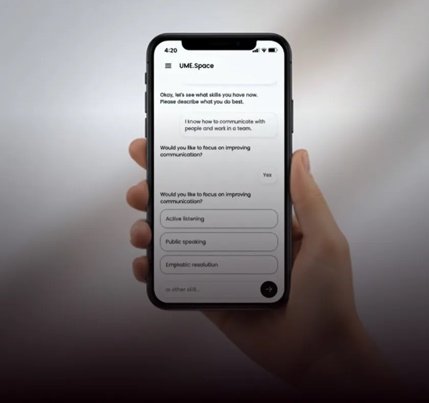 Smartphone showing the AI check-in in the UME Space app