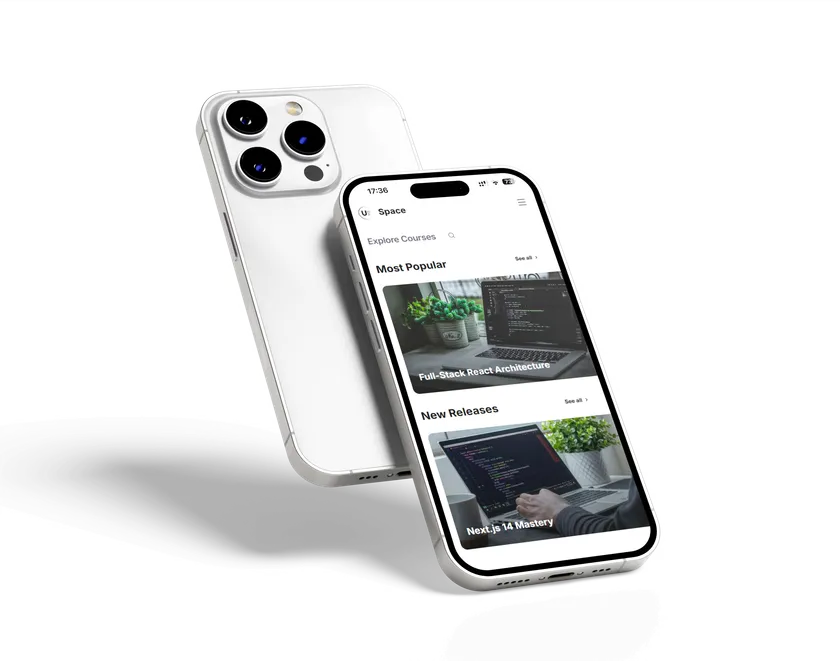 Two smartphones with lessons in the UME Space app