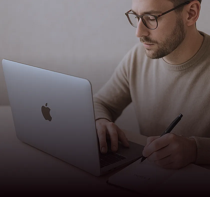 Man working on a laptop and taking notes