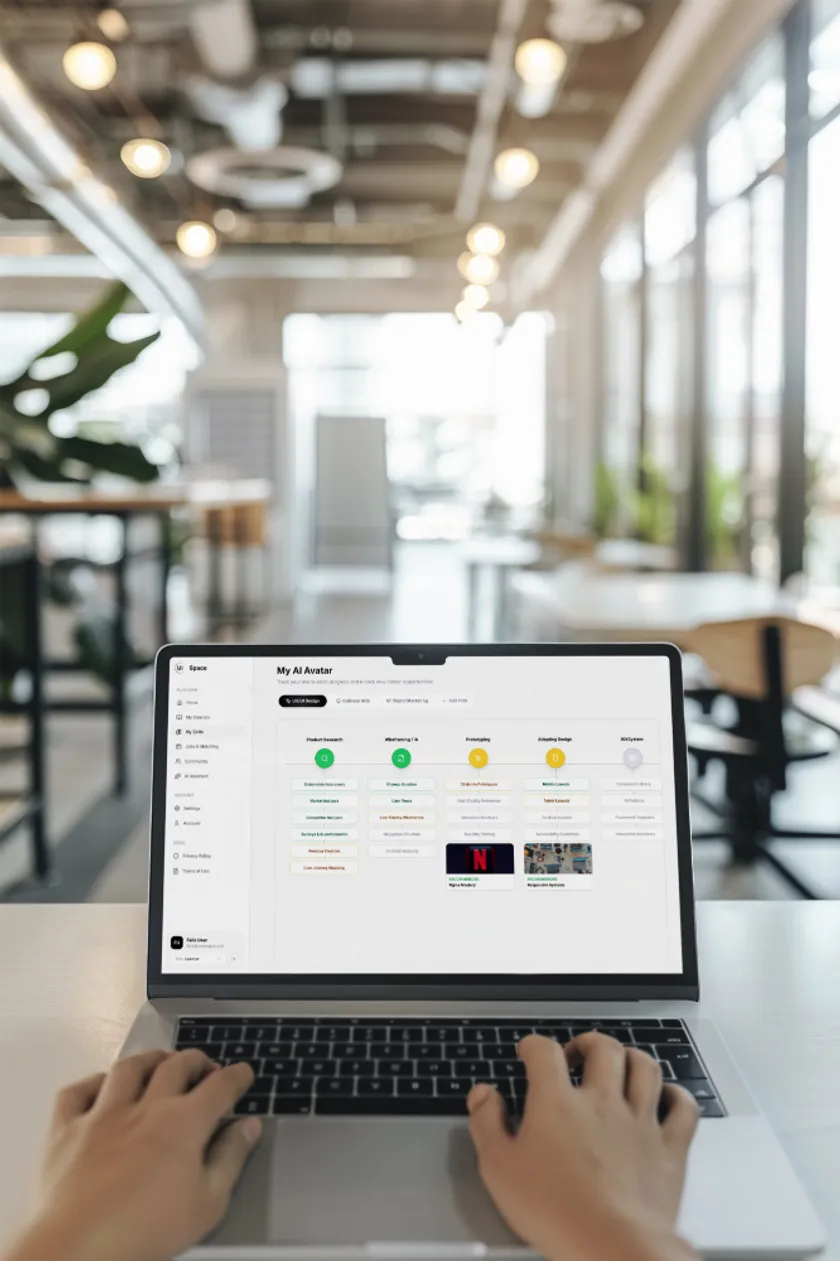 Laptop with the UME Space interface in a bright office